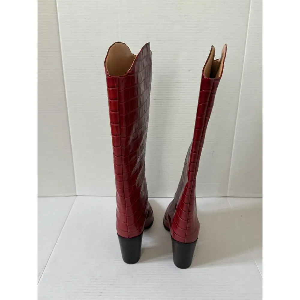 NWOT Women's Schutz Maryana Block Leather Wide Red-Brown Croc Embossed Boot 8.5